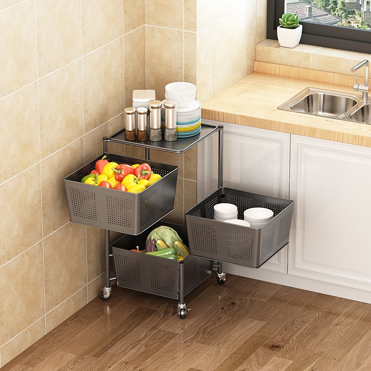 Square Rotating 3 4 5 Tier Stainless Steel Kitchen Storage Rack Fruit Vegetable Storage Basket Utility Trolley Cart With Wheels